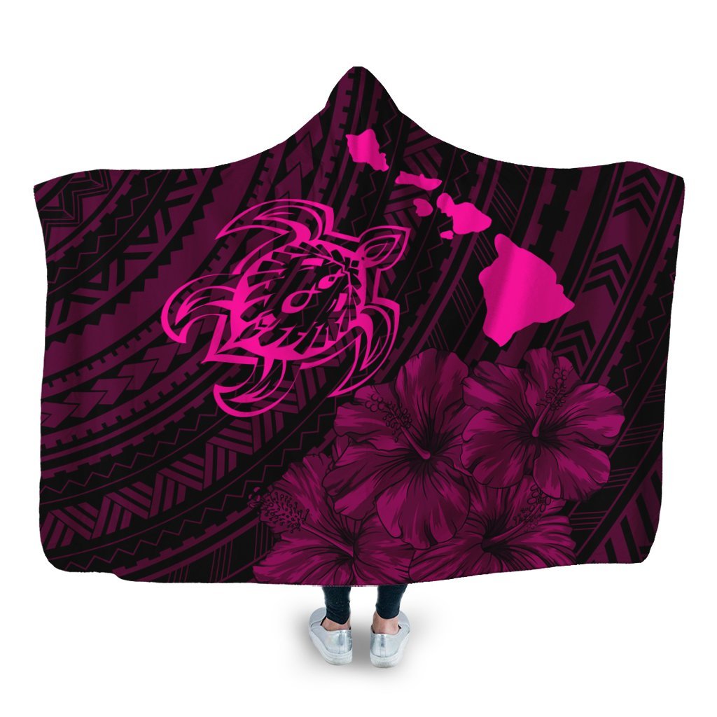 Hawaiian Hibiscus Sea Turtle Swim Polynesian Hooded Blanket - Pink - AH Hooded Blanket White - Polynesian Pride