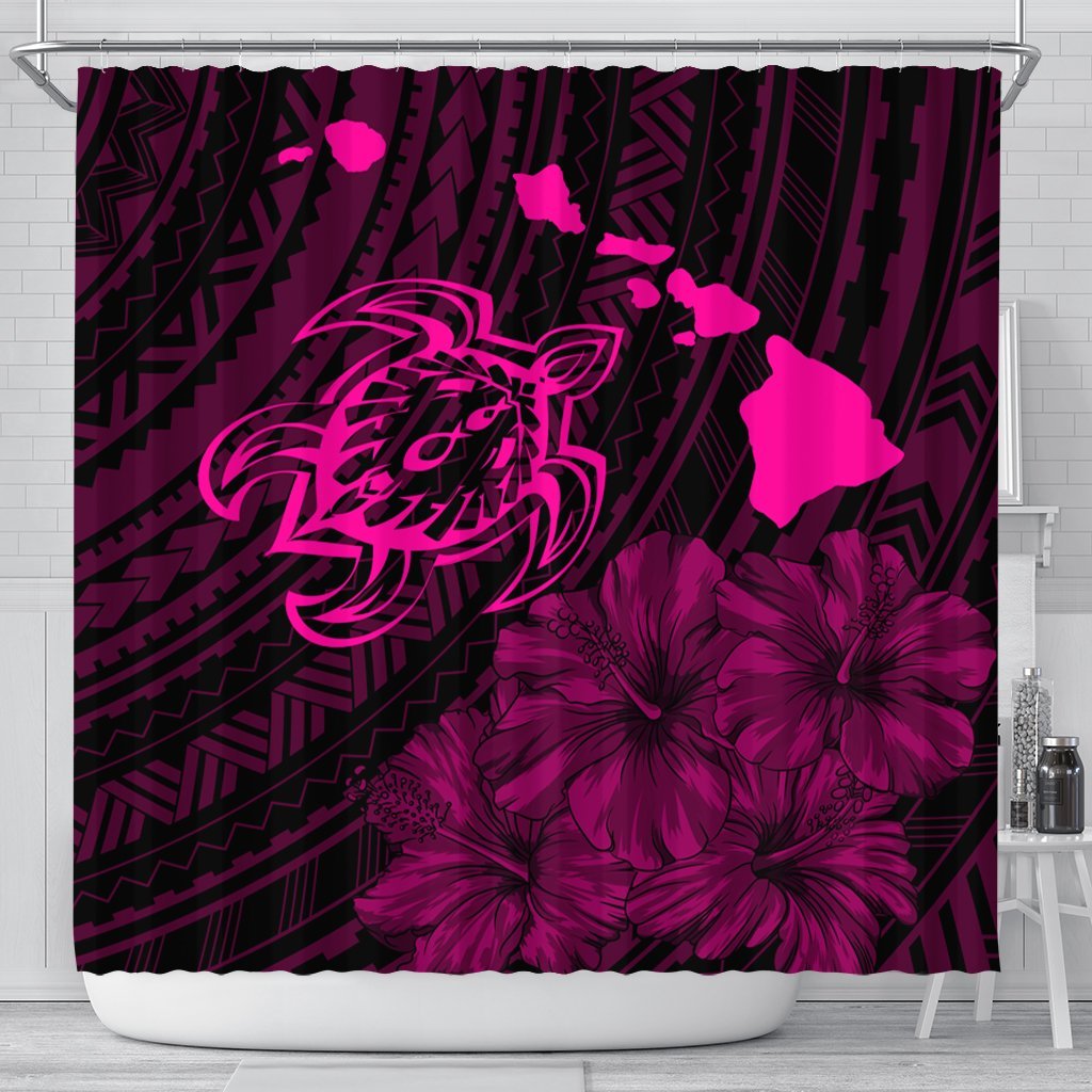 Hawaiian Hibiscus Sea Turtle Swim Polynesian Shower Curtain - Pink - AH 177 x 172 (cm) Black - Polynesian Pride