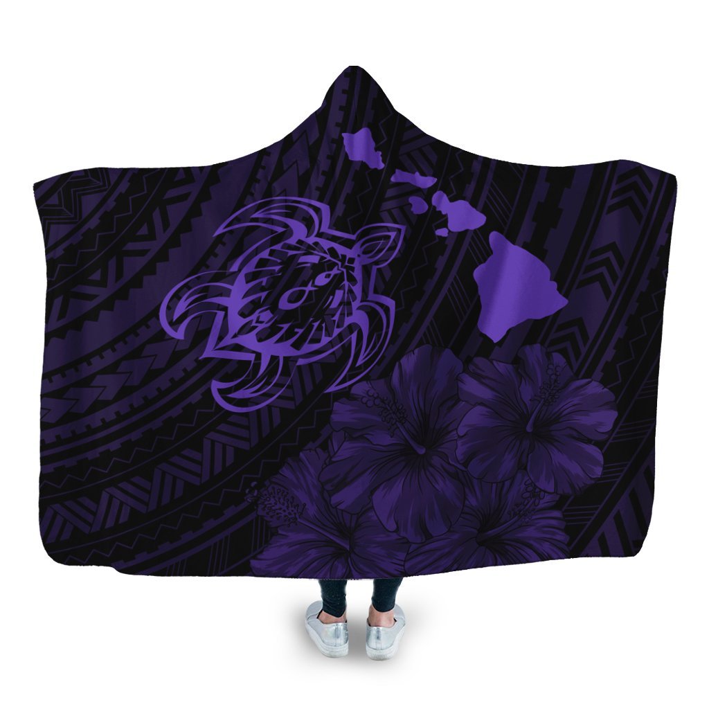 Hawaiian Hibiscus Sea Turtle Swim Polynesian Hooded Blanket - Purple - AH Hooded Blanket White - Polynesian Pride