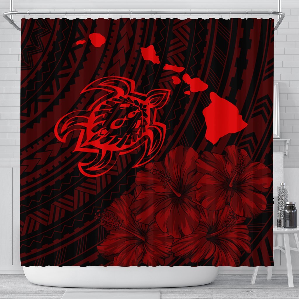 Hawaiian Hibiscus Sea Turtle Swim Polynesian Shower Curtain - Red - AH 177 x 172 (cm) Black - Polynesian Pride