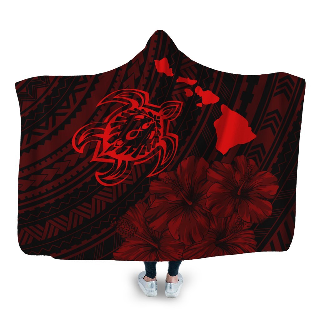 Hawaiian Hibiscus Sea Turtle Swim Polynesian Hooded Blanket - Red - AH Hooded Blanket White - Polynesian Pride