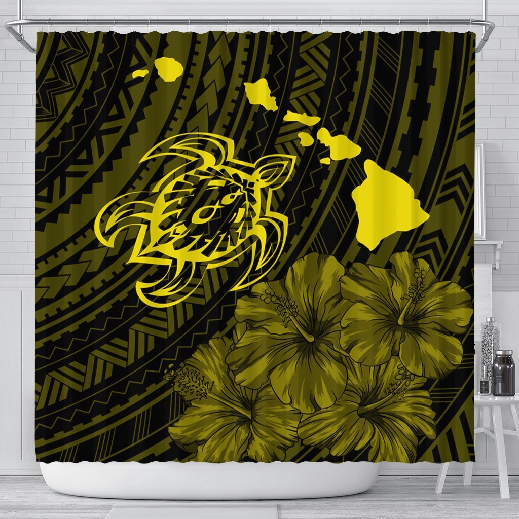 Hawaiian Hibiscus Sea Turtle Swim Polynesian Shower Curtain - Yellow - AH 177 x 172 (cm) Black - Polynesian Pride