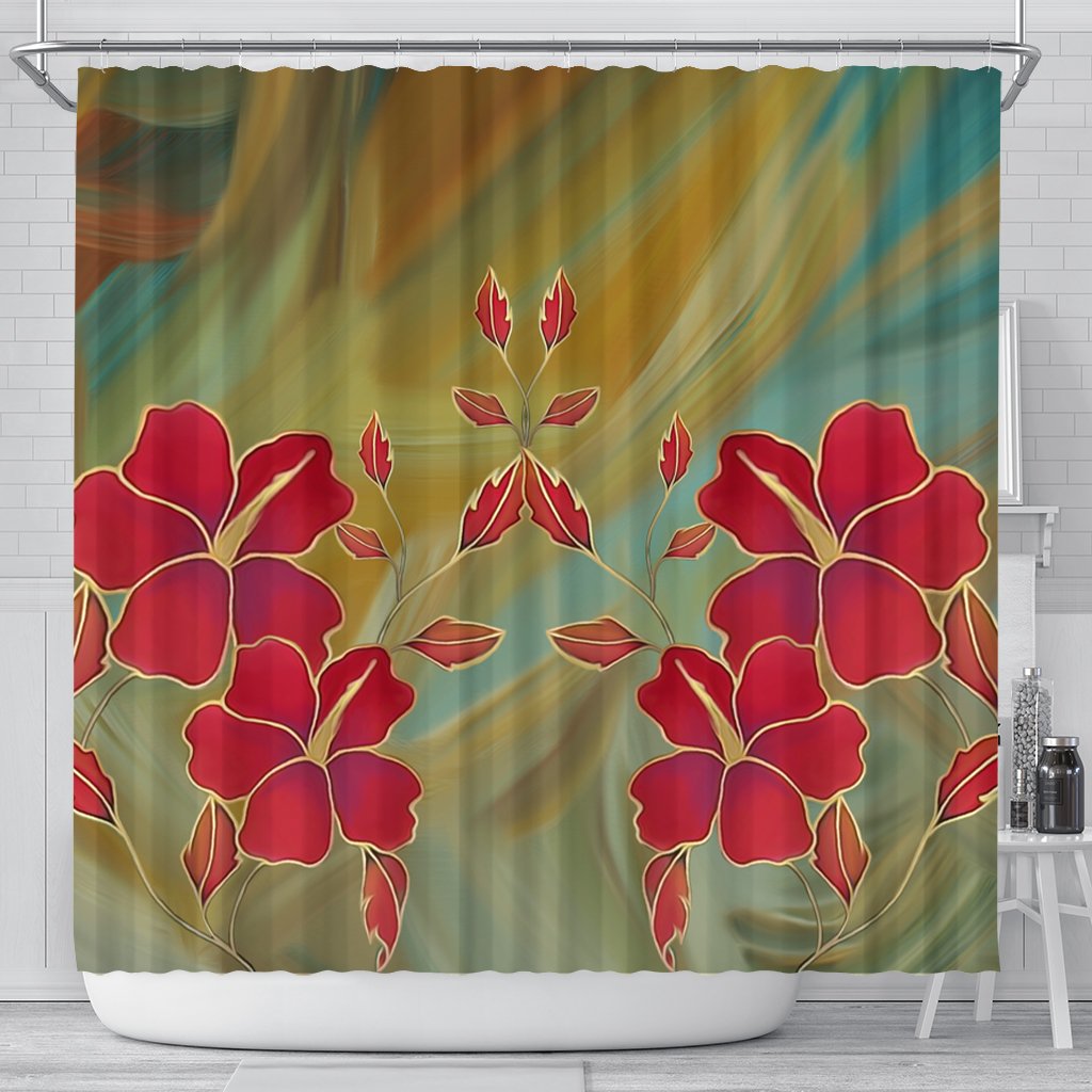Hawaiian Hibiscus Water Color Shower Curtain - AH 177 x 172 (cm) Black - Polynesian Pride