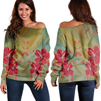 Hawaiian Hibiscus Water Color Women's Off Shoulder Sweater - AH Black - Polynesian Pride
