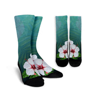 Hawaiian Hibiscus White Flower Gleeful Crew Socks - AH Crew Socks White - Polynesian Pride