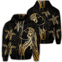 Hawaiian Hula Girl and Turtle Hibiscus Zip Hoodie Unisex Art - Polynesian Pride