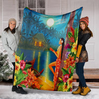 Hawaiian Hula Girl Sing In Aboriginal Village Aat Night Premium Blankets - AH - Polynesian Pride