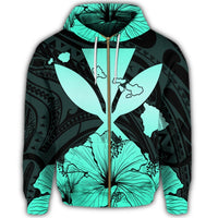 Hawaiian Kanaka Zip Hoodie Hibiscus Polynesian Love Turquoise - Polynesian Pride