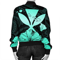 Hawaiian Kanaka Bomber Jacket Hibiscus Polynesian Love - Turquoise - AH - Polynesian Pride