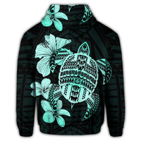 Hawaiian Kanaka Hibiscus Plumeria Mix Polynesian Turtle Zip Hoodie Turquoise - Polynesian Pride