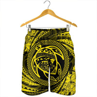 Hawaiian Kanaka Honu Hibiscus Tornando Polynesian Yellow Men's Shorts - AH - Polynesian Pride