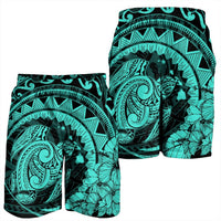 Hawaiian Kanaka Honu Map Hibiscus Globular Polynesian Turquoise Men's Shorts - AH - Polynesian Pride