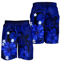 Hawaiian Map Big Turtle Hibiscus Plumeria Tribal Polynesian Men's Shorts - Blue - AH - Polynesian Pride