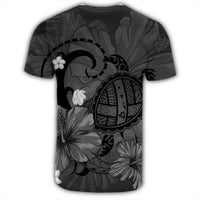 Hawaiian Map Big Turtle Hibiscus Plumeria Tribal Polynesian T Shirt Gray - Polynesian Pride