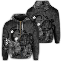 Hawaiian Map Big Turtle Hibiscus Plumeria Tribal Polynesian Zip Hoodie Gray Unisex Art - Polynesian Pride