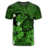 Hawaiian Map Big Turtle Hibiscus Plumeria Tribal Polynesian T Shirt Green - Polynesian Pride