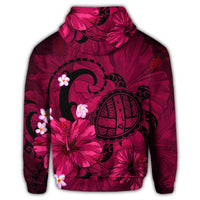 Hawaiian Map Big Turtle Hibiscus Plumeria Tribal Polynesian Zip Hoodie Pink - Polynesian Pride