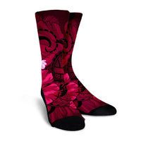 Hawaiian Map Big Turtle Hibiscus Plumeria Tribal Polynesian Crew Socks - Pink - AH - Polynesian Pride