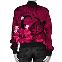 Hawaiian Map Big Turtle Hibiscus Plumeria Tribal Polynesian Bomber Jacket - Pink - AH - Polynesian Pride