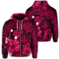 Hawaiian Map Big Turtle Hibiscus Plumeria Tribal Polynesian Zip Hoodie Pink Unisex Art - Polynesian Pride