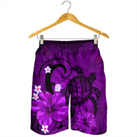 Hawaiian Map Big Turtle Hibiscus Plumeria Tribal Polynesian Men's Shorts - Purple - AH - Polynesian Pride