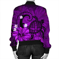 Hawaiian Map Big Turtle Hibiscus Plumeria Tribal Polynesian Bomber Jacket - Purple - AH - Polynesian Pride