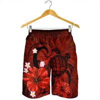 Hawaiian Map Big Turtle Hibiscus Plumeria Tribal Polynesian Men's Shorts - Red - AH - Polynesian Pride