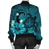 Hawaiian Map Big Turtle Hibiscus Plumeria Tribal Polynesian Bomber Jacket - Turquoise - AH - Polynesian Pride