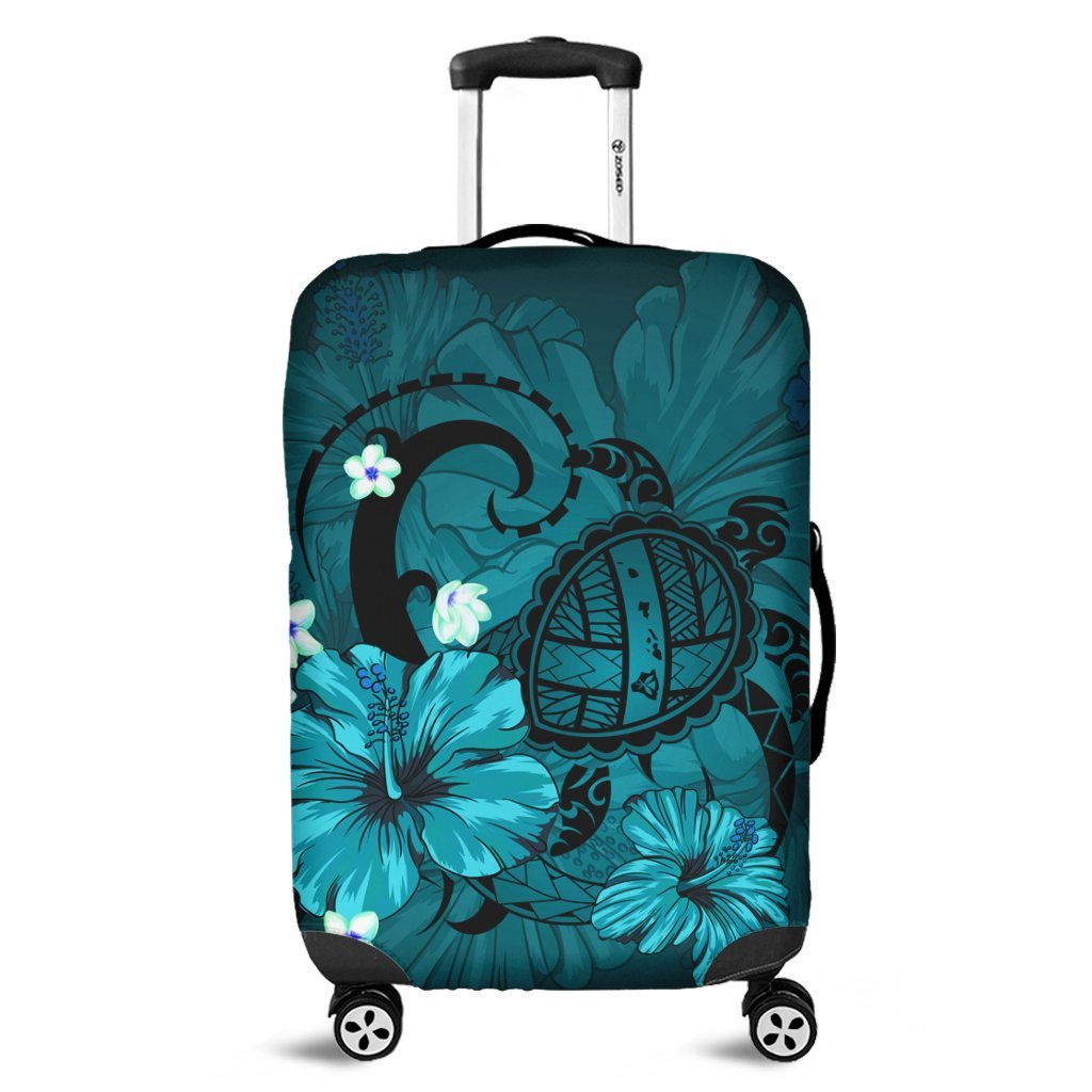 Hawaiian Map Big Turtle Hibiscus Plumeria Tribal Polynesian Luggage Covers - Turquoise - AH Black - Polynesian Pride