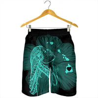 Hawaiian Map Heart Hula Girl Hibiscus Turquoise Polynesian Men's Shorts - AH - Polynesian Pride