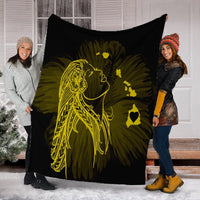 Hawaiian Map Heart Hula Girl Hibiscus Yellow Polynesian Premium Blankets - AH - Polynesian Pride