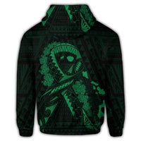 Hawaiian Map Heart Ribbon Cancer Hibiscus Green Polynesian Zip Hoodie - Polynesian Pride