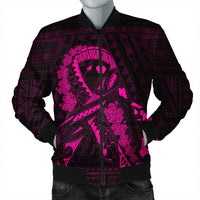 Hawaiian Map Heart Ribbon Cancer Hibiscus Pink Polynesian Bomber Jacket - AH Black Unisex - Polynesian Pride