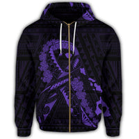 Hawaiian Map Heart Ribbon Cancer Hibiscus Purple Polynesian Zip Hoodie - Polynesian Pride
