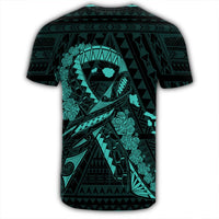 Hawaiian Map Heart Ribbon Cancer Hibiscus Turquoise Polynesian T Shirt - Polynesian Pride