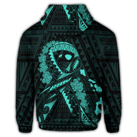 Hawaiian Map Heart Ribbon Cancer Hibiscus Turquoise Polynesian Zip Hoodie - Polynesian Pride