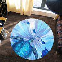 Hawaiian Map Hibiscus Flower Turtle Polynesian Round Carpet Blue - AH - Polynesian Pride