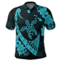 Hawaiian Map Hibiscus Turtle Fish Hook Polynesian Polo Shirt Blue - Polynesian Pride