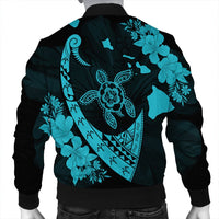 Hawaiian Map Hibiscus Turtle Fish Hook Polynesian Bomber Jacket Blue - AH - Polynesian Pride