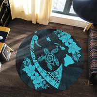 Hawaiian Map Hibiscus Turtle Fish Hook Polynesian Round Carpet Blue - AH - Polynesian Pride