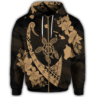 Hawaiian Map Hibiscus Turtle Fish Hook Polynesian Zip Hoodie Gold - Polynesian Pride