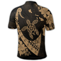 Hawaiian Map Hibiscus Turtle Fish Hook Polynesian Polo Shirt Gold - Polynesian Pride