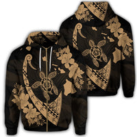 Hawaiian Map Hibiscus Turtle Fish Hook Polynesian Zip Hoodie Gold Unisex Art - Polynesian Pride