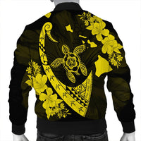 Hawaiian Map Hibiscus Turtle Fish Hook Polynesian Bomber Jacket Yellow - AH - Polynesian Pride