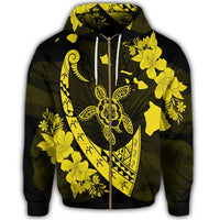 Hawaiian Map Hibiscus Turtle Fish Hook Polynesian Zip Hoodie Yellow - Polynesian Pride
