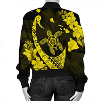 Hawaiian Map Hibiscus Turtle Fish Hook Polynesian Bomber Jacket Yellow - AH - Polynesian Pride