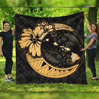 Hawaiian Map Hibiscus Turtle Polynesian Moon Premium Quilts Gold - AH Black - Polynesian Pride