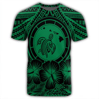 Hawaiian Map Honu Hibiscus Tropic Green Polynesian T Shirt - Polynesian Pride