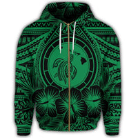 Hawaiian Map Honu Hibiscus Tropic Green Polynesian Zip Hoodie - Polynesian Pride
