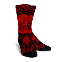Hawaiian Map Honu Hibiscus Tropic Red Polynesian Crew Socks - AH - Polynesian Pride